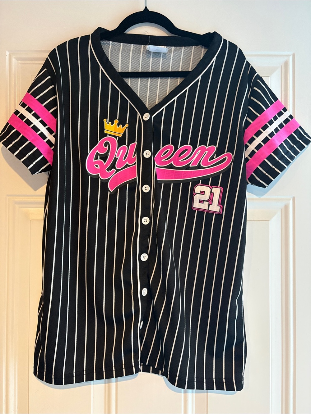 Girls' Queen Pinstripe Baseball Jersey in Black & Pink